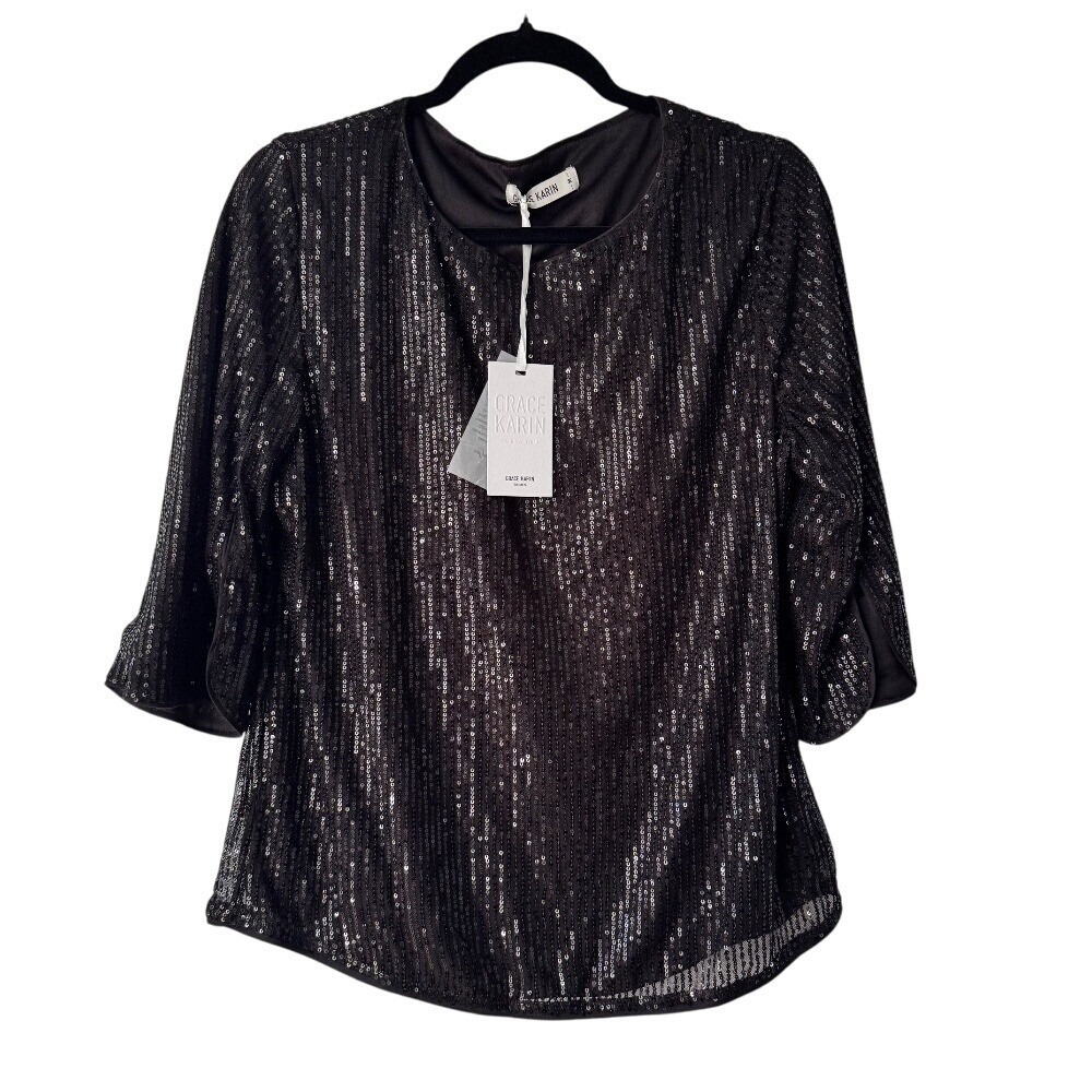 Grace Karin Womens Black Sequin 3/4 Sleeve Blouse Round Neck Party Top Size M